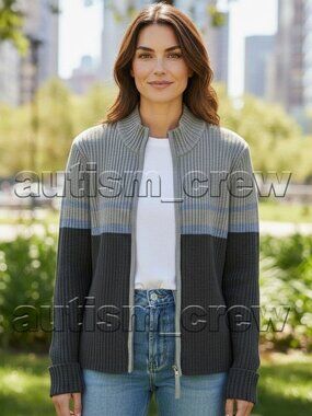 2/$24 💥♻ Massimo Gray/Blue Stripe Ribbed Zip Cardigan | Size Small | 5522